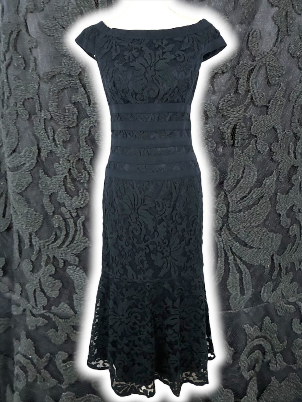 Tadashi Navy Lace Mermaid Gown S Maxi Dress Off Shoulder Boat Neck Cap Sleeve